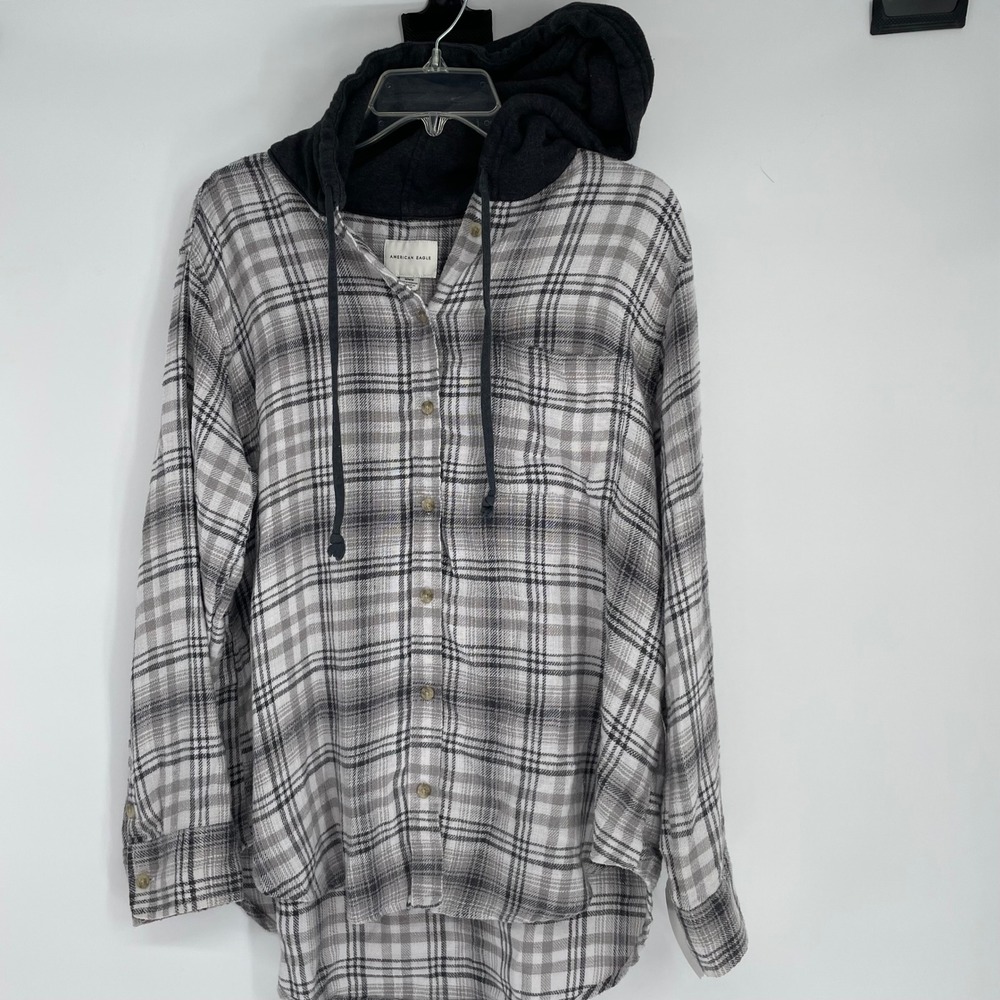 American Eagle Plaid Flannel Shirt Hooded Button Down Long Sleeve Women's M